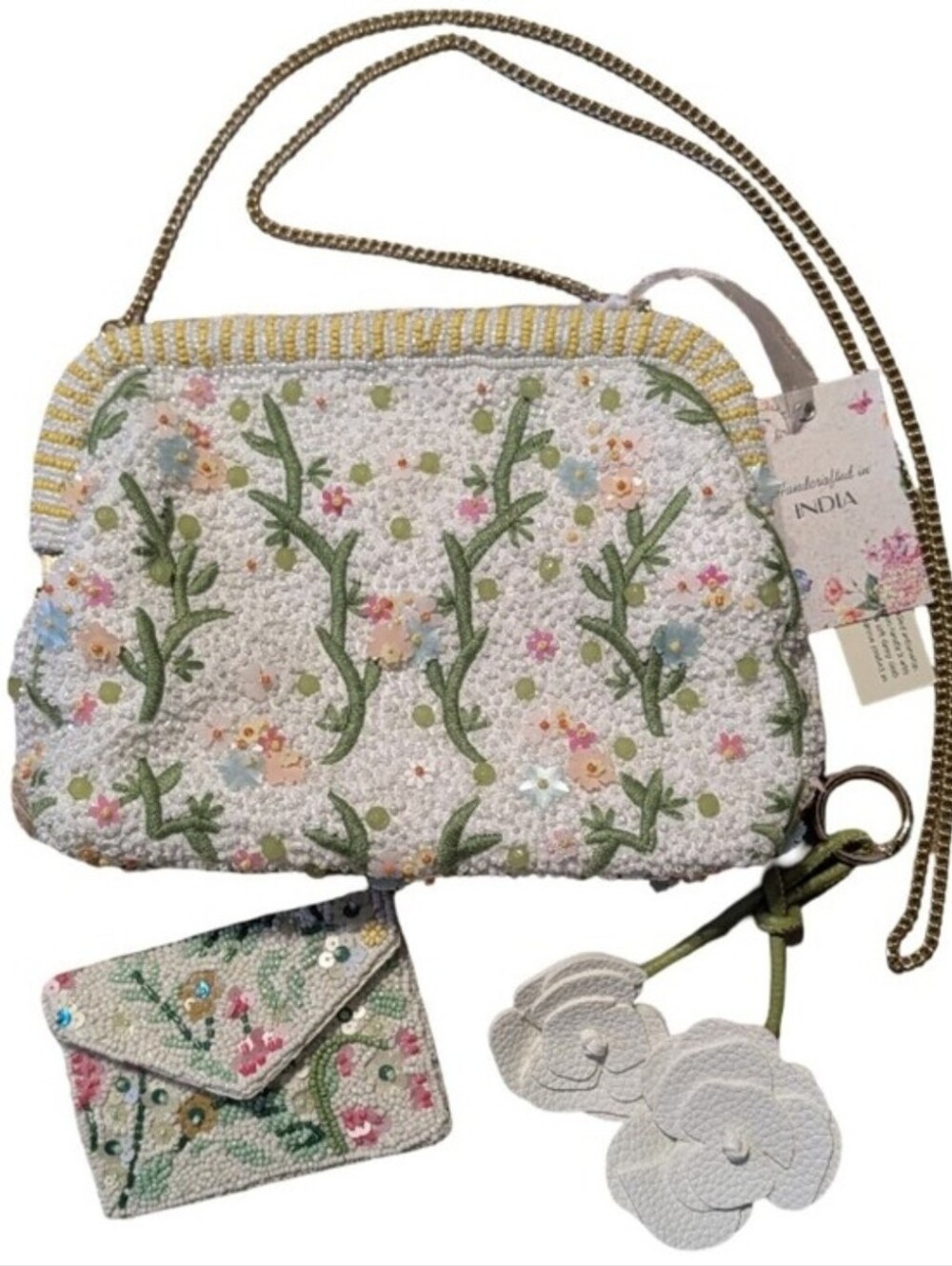 🤍▪️Made In India▪️ Floral 3 Piece Crossbody Bag/Clutch +  Coin Pouch And Charm